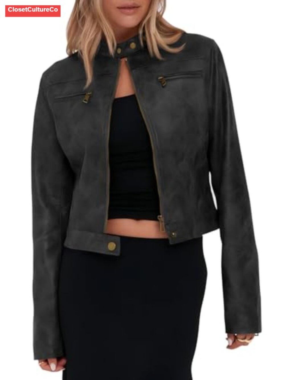 Faux Leather Cropped Moto Jacket Zip Up Stand Collar